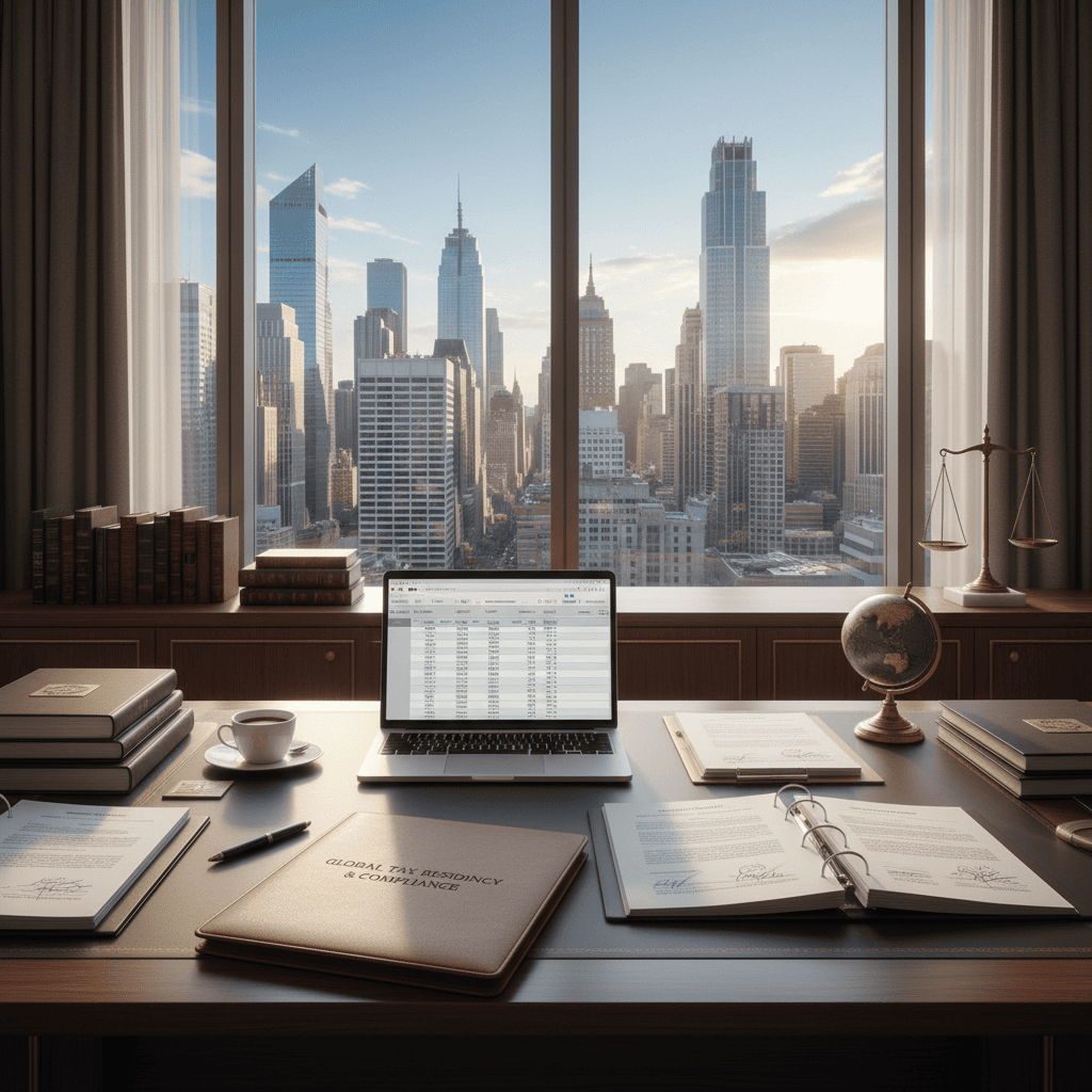 مساحة عمل احترافية مع مستندات قانونية وسط أفق المدينة.