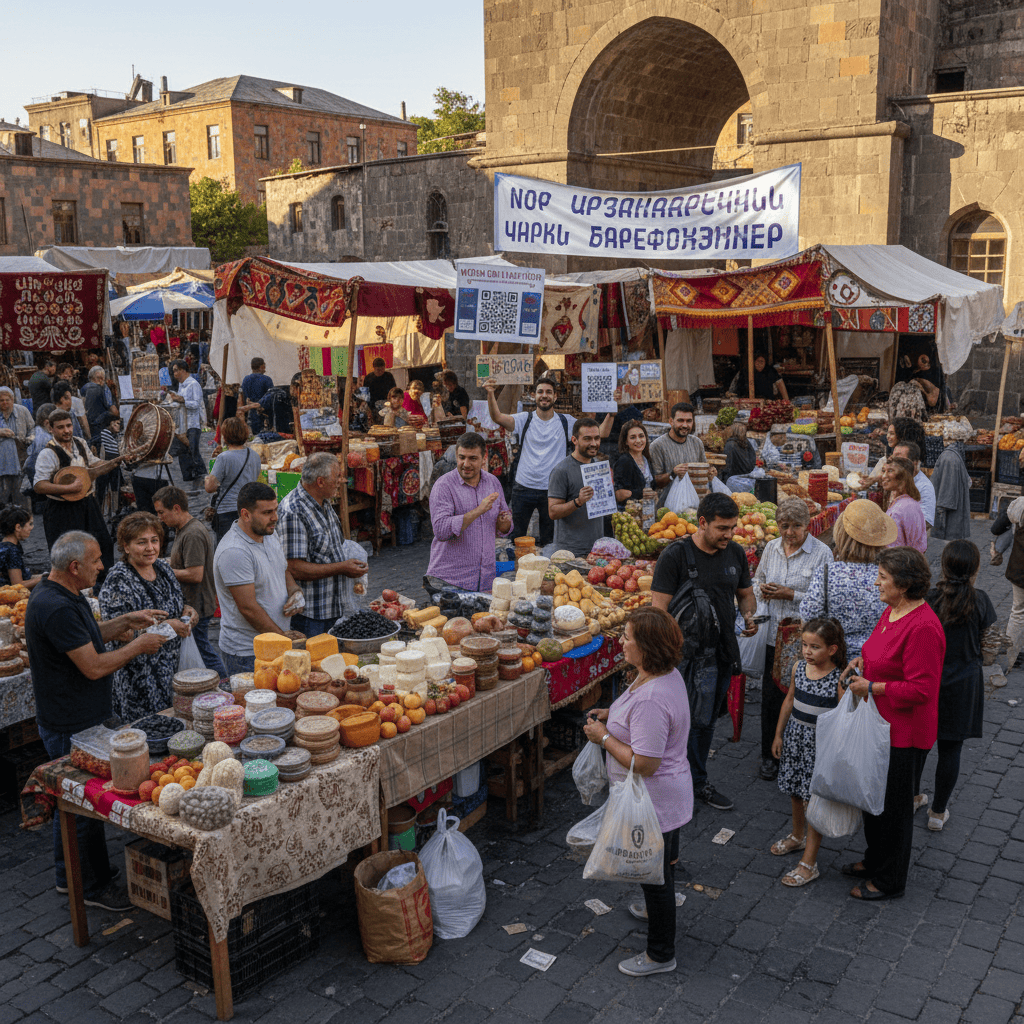 Khu chợ sôi động ở Armenia với các chủ doanh nghiệp nhỏ tương tác với khách hàng.