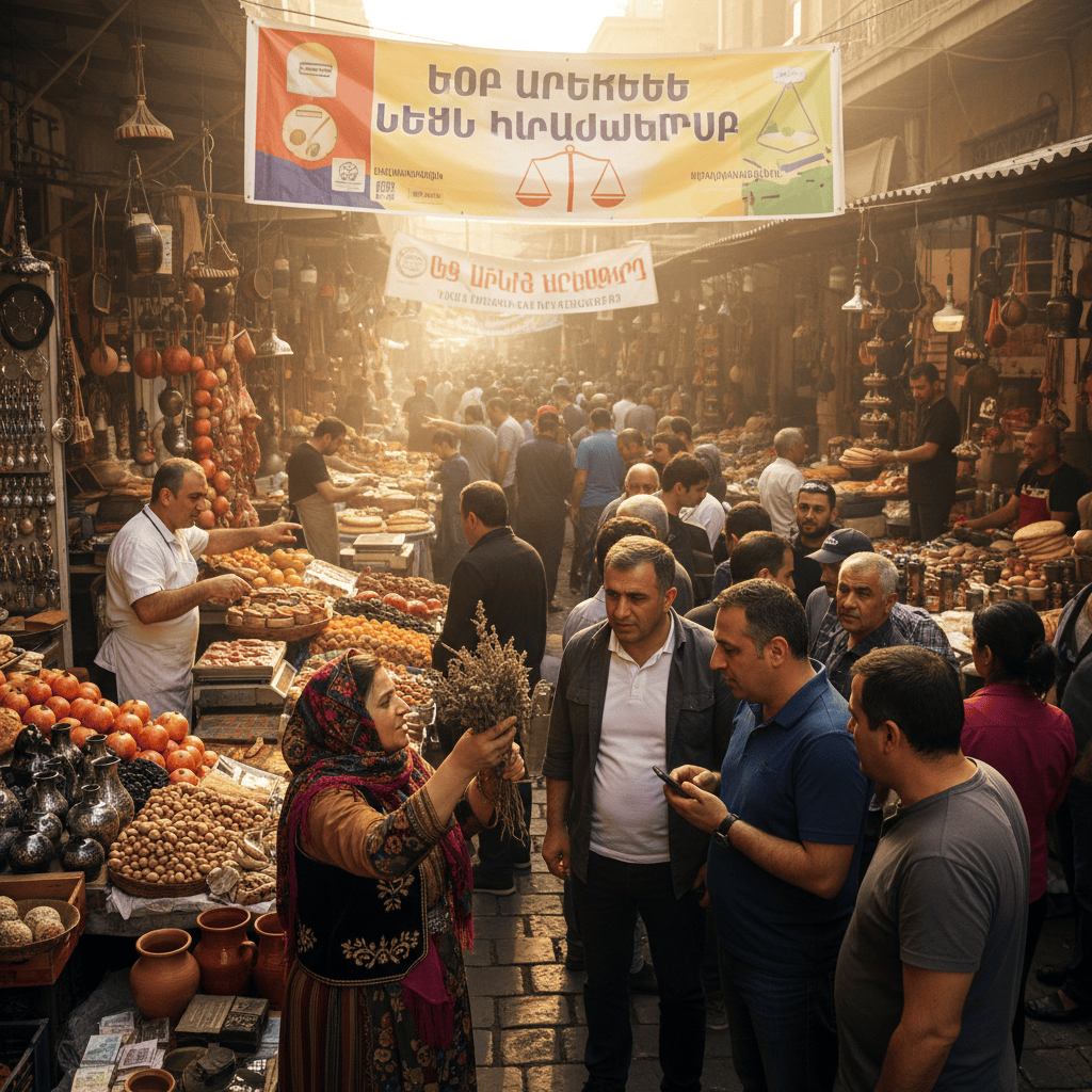 A bustling market scene in Armenia with traders and customers interacting.