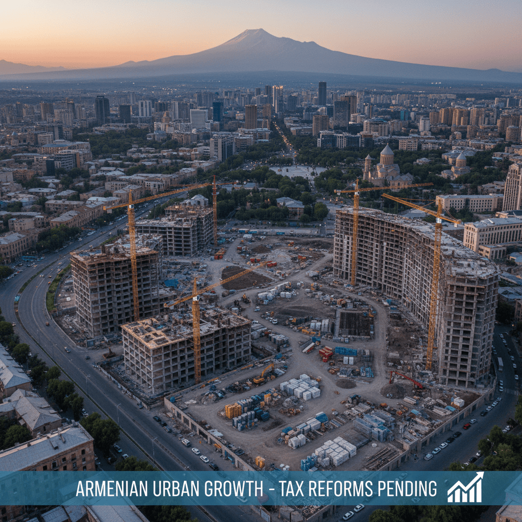 Aerial view of construction sites and modern buildings in an Armenian city.