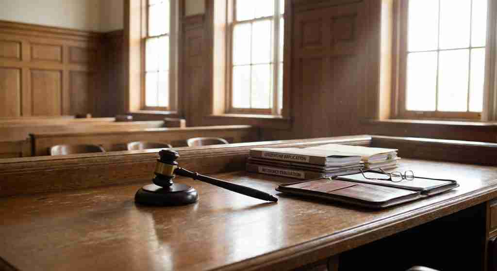 Una escena de tribunal con documentos legales y un mazo sobre un escritorio de madera.