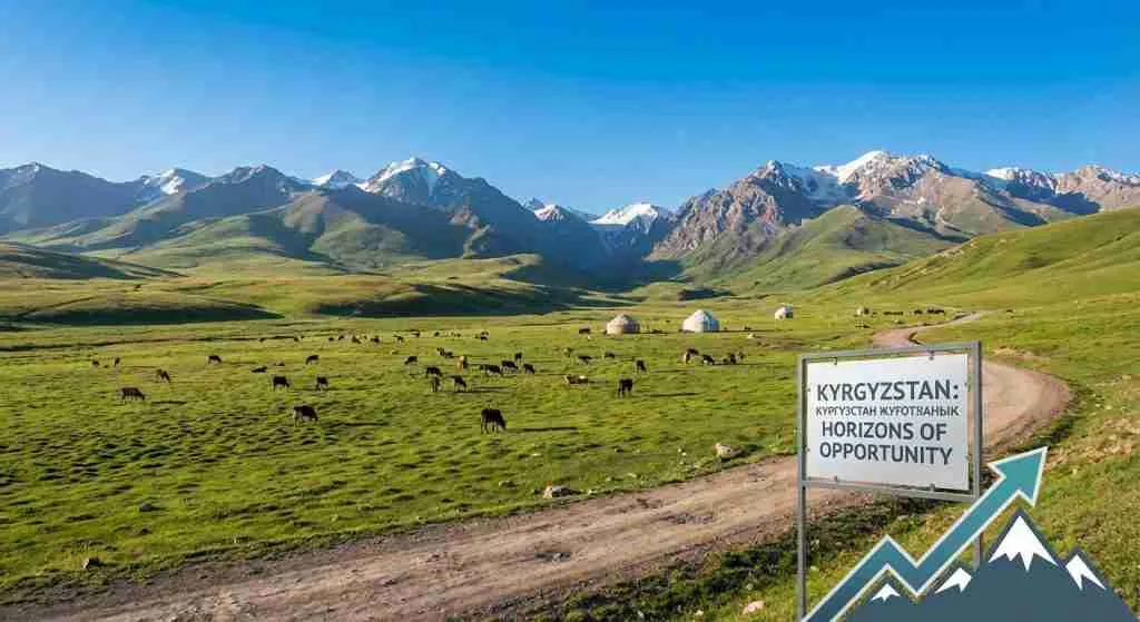 Malerische Aussicht auf die gebirgige Landschaft Kirgisistans mit ihren Tälern.