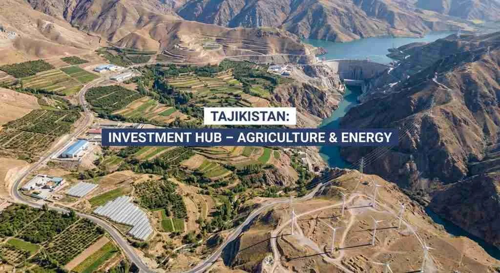 Aerial view of Tajikistan's mountains with visible agricultural fields and hydropower structures.
