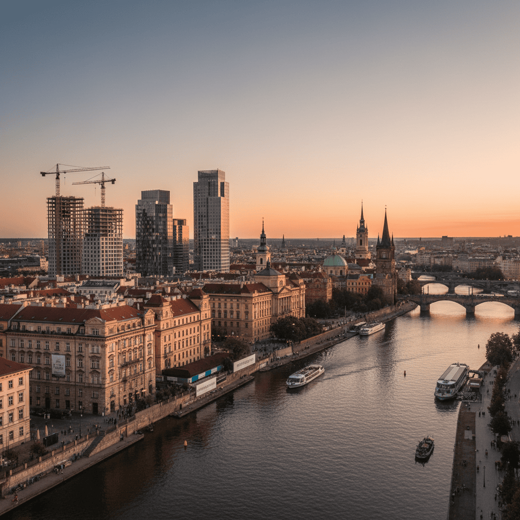 Scenic city skyline with historic architecture and signs of real estate activity.