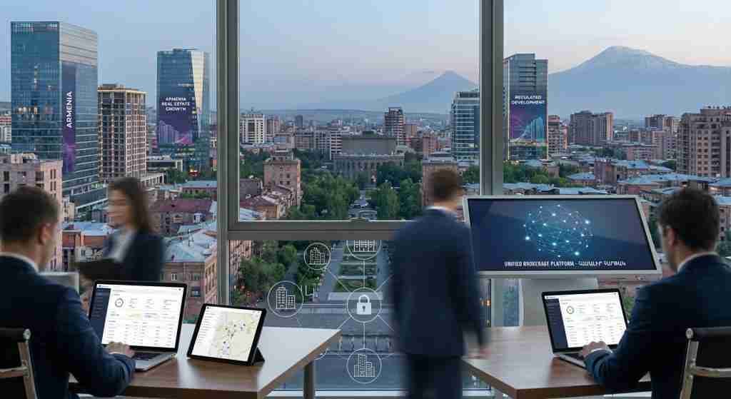 现代亚美尼亚城市景观，展现了新建的商业建筑和办公空间。