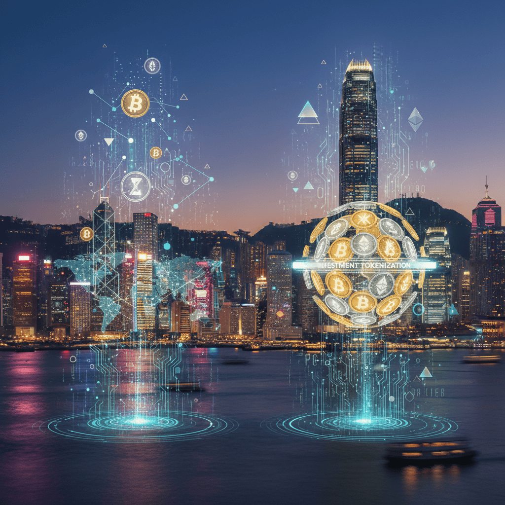Hong Kong skyline featuring modern architecture and digital asset elements.