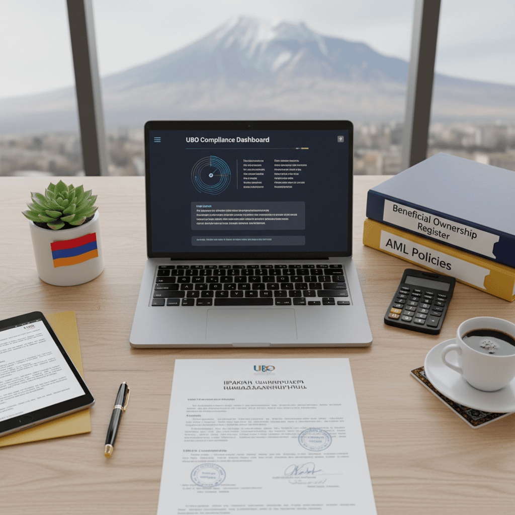 An office desk with laptop, documents, and a plant.