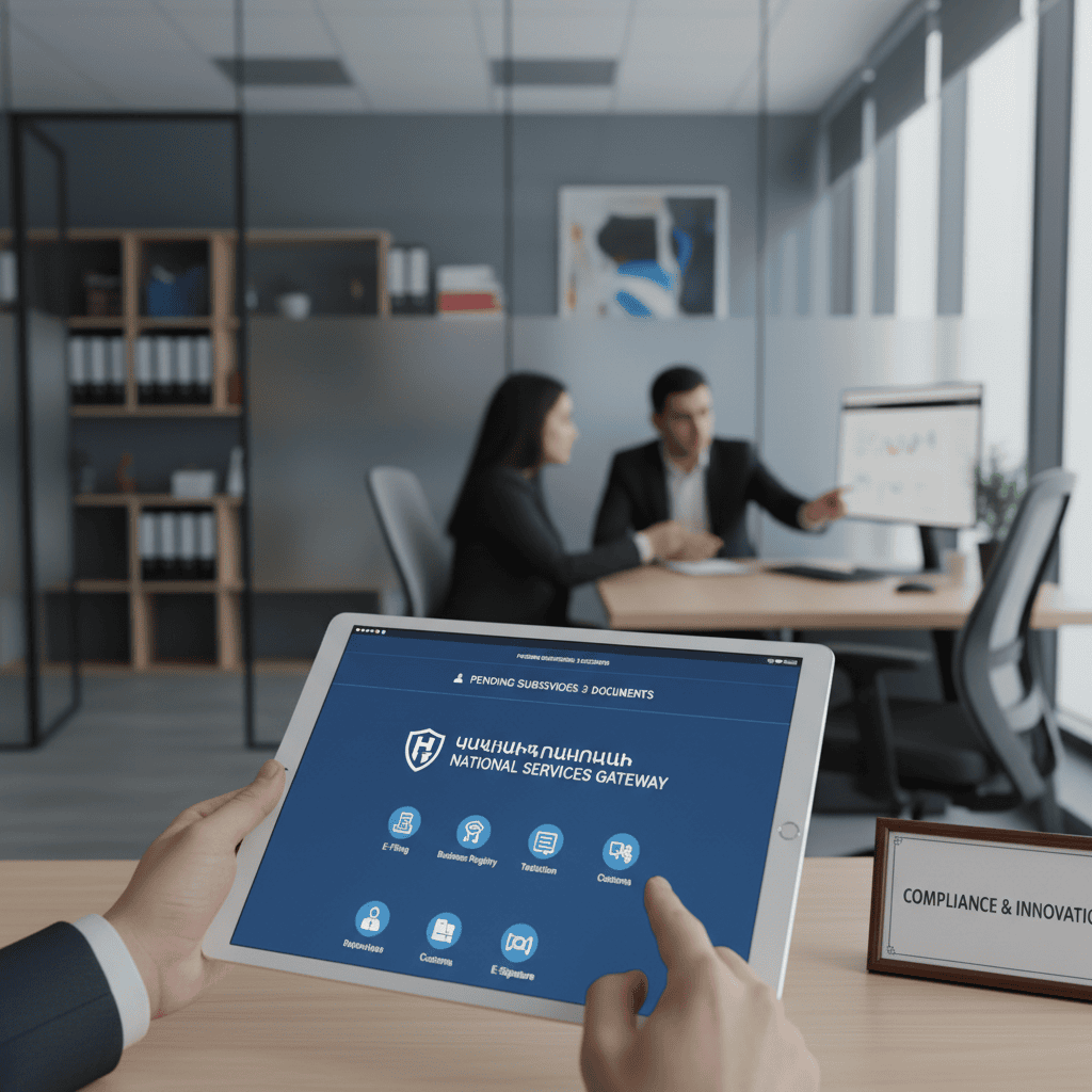 Close-up of a digital tablet showing a government service interface in a corporate office setting.