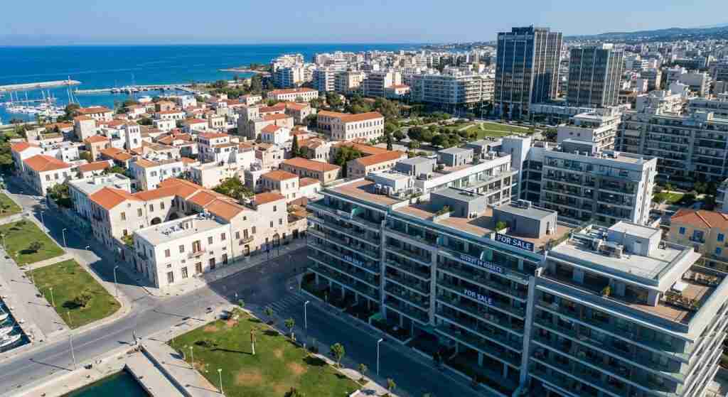 Aerial view of a city landscape in Greece with a mix of modern and traditional architecture.