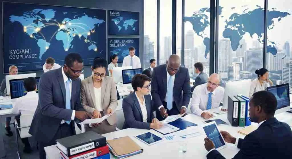 Diverse professionals in a financial office discussing compliance documents.