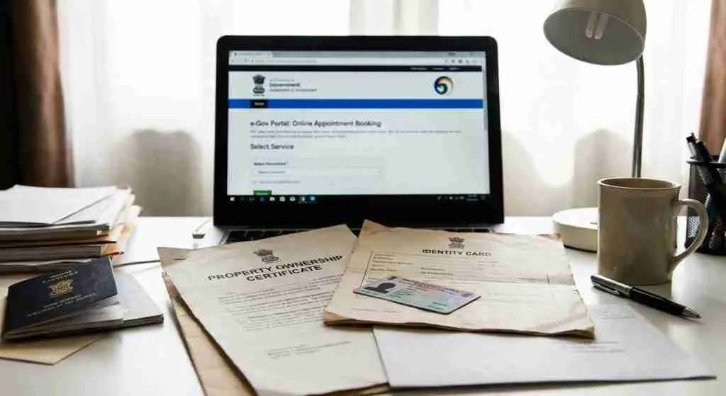 Домашний рабочий стол с документами и экраном компьютера, на котором отображается интерфейс бронирования.