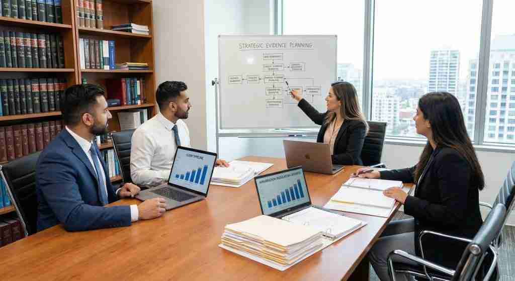 आव्रजन सलाहकारों का एक समूह ग्राहक पाइपलाइनों के लिए दस्तावेजों और रणनीतियों की समीक्षा करता है।