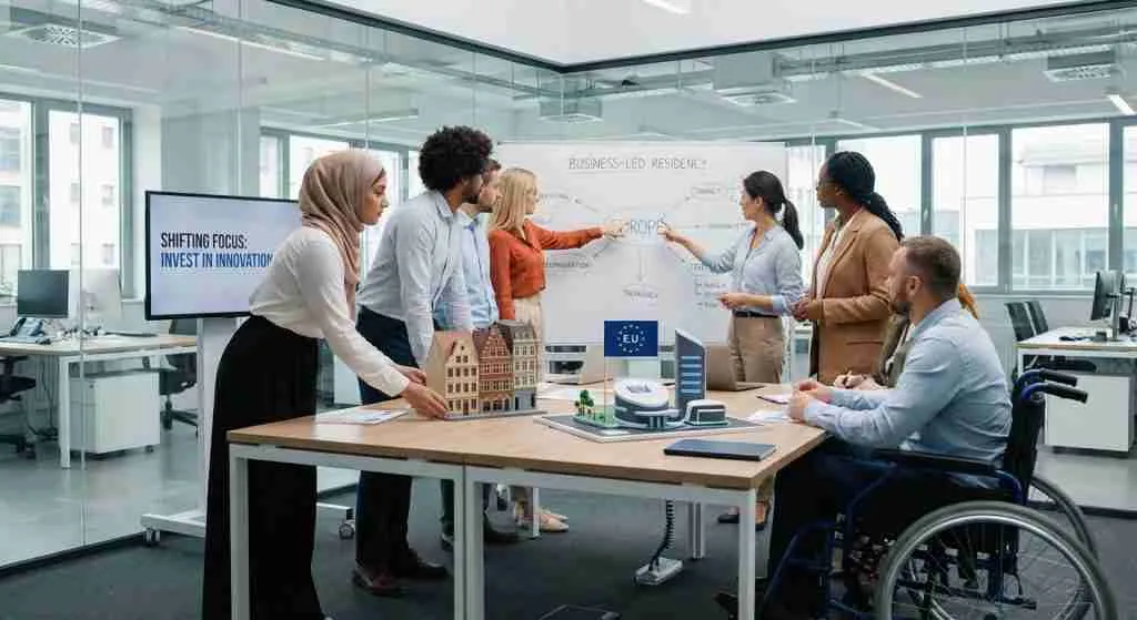 A diverse team of professionals collaborating in a modern office setting.