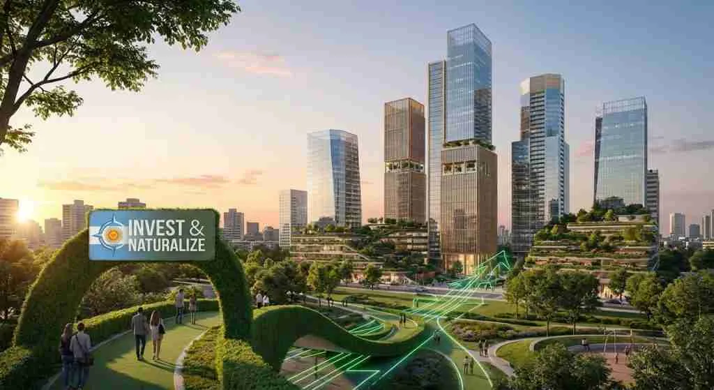 Modern Argentinian city skyline with green spaces, reflecting growth and investment.