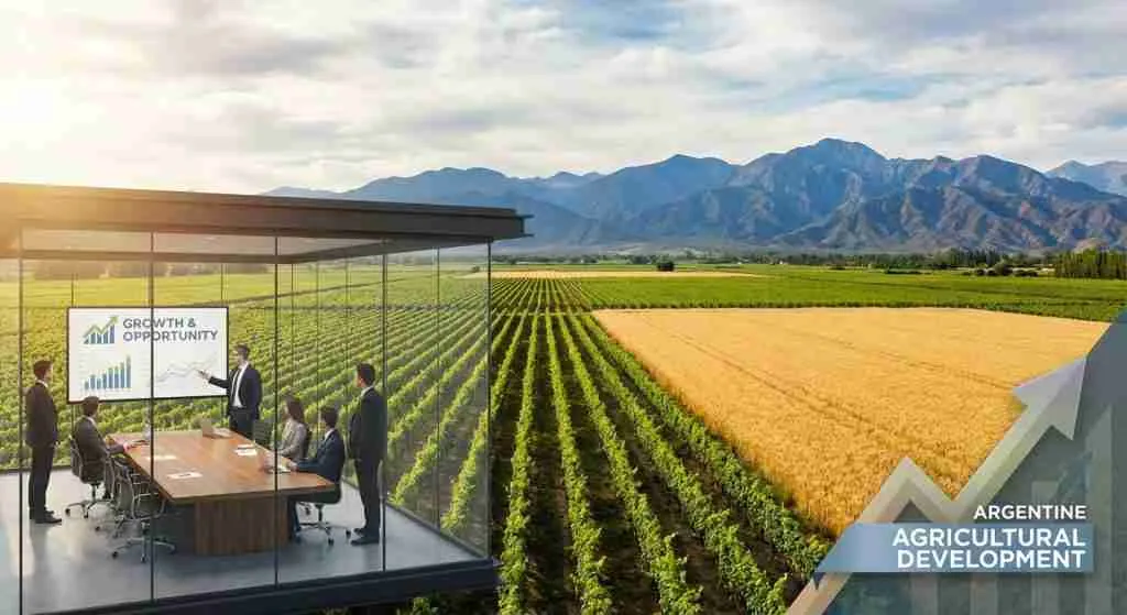 Lush agricultural fields in Argentina with distant mountains, symbolizing economic growth.