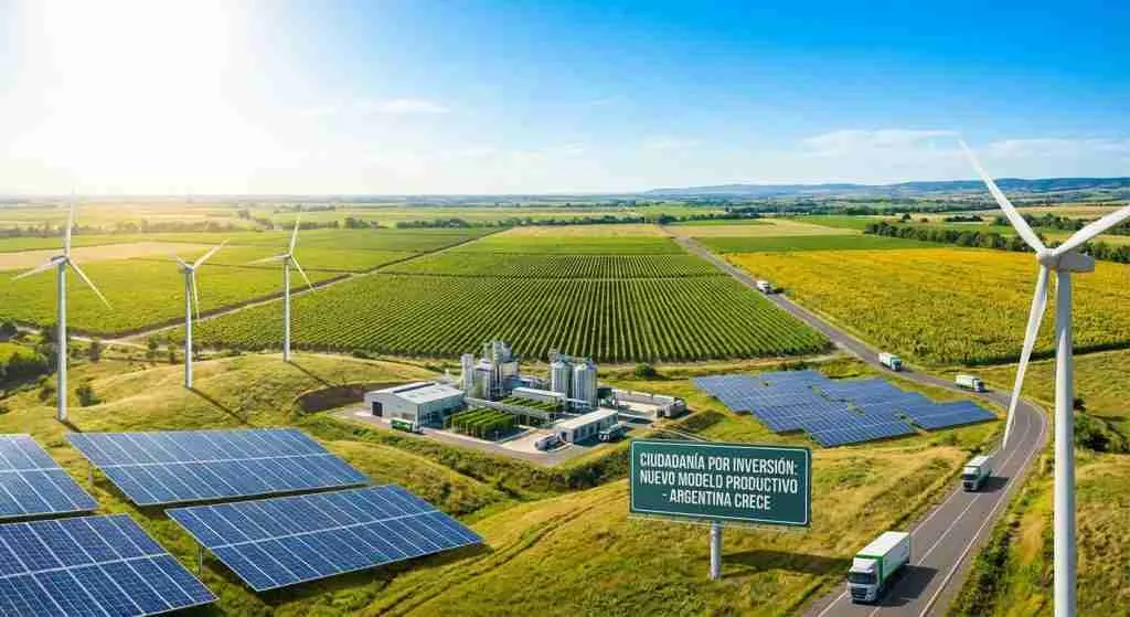 A lush Argentine landscape showcasing agribusiness and wind turbines.
