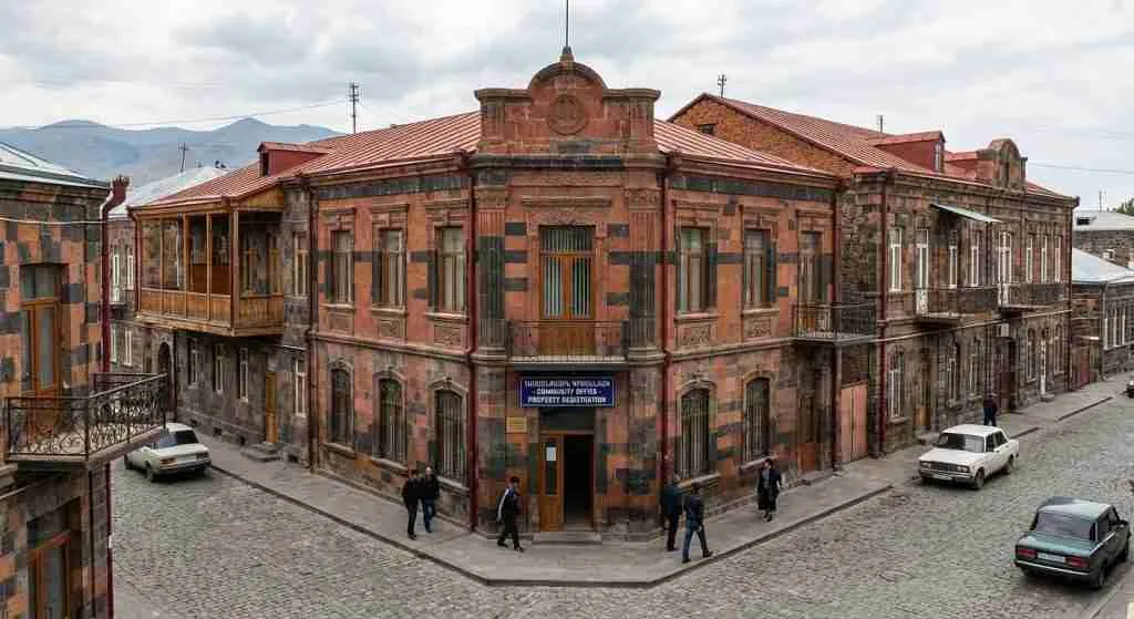 亚美尼亚某城市的一条街道,街道两旁是住宅楼,以中性、编辑风格描绘。