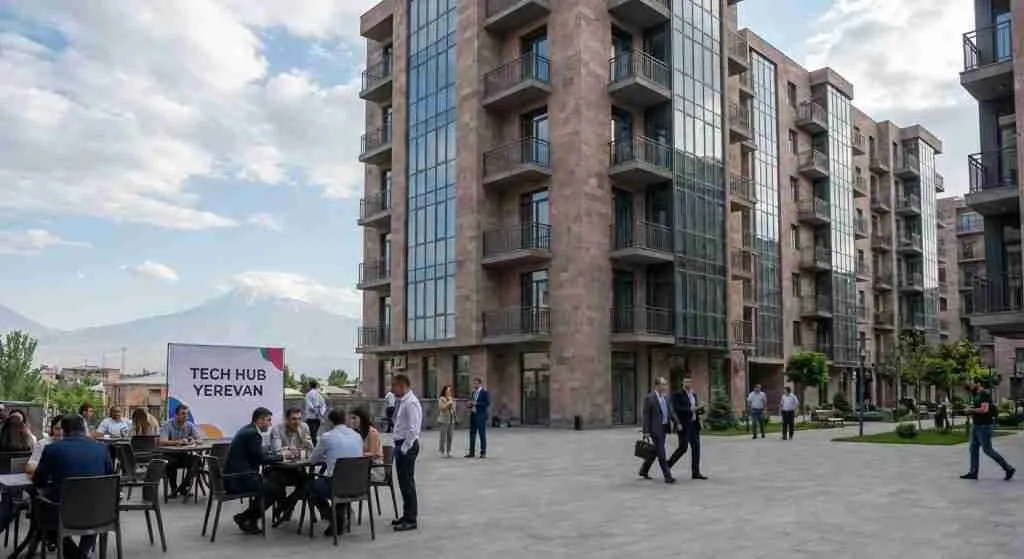 Modern apartment building in Armenia surrounded by community engagement.