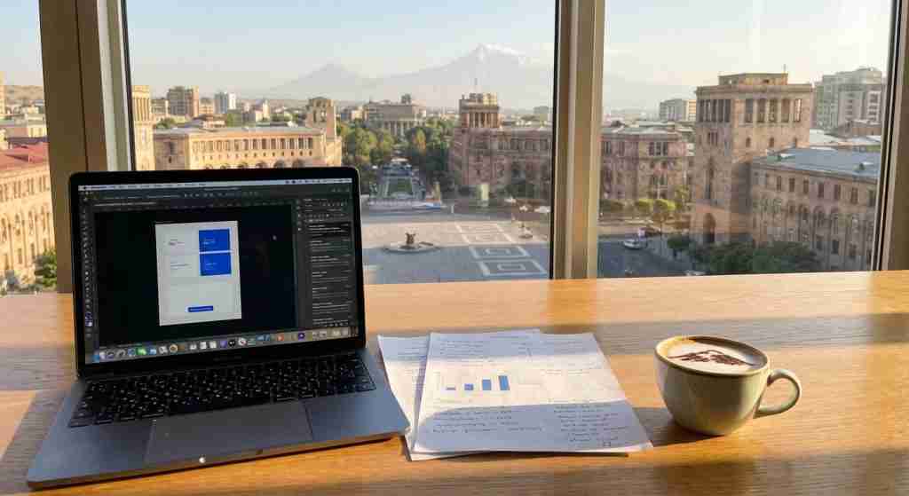 Ruang kerja dengan laptop, dokumen, dan kopi di depan pemandangan kota Yerevan.