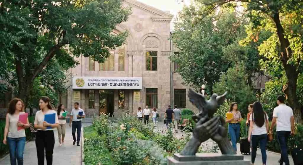 Government building in Armenia with people walking nearby in a green setting.