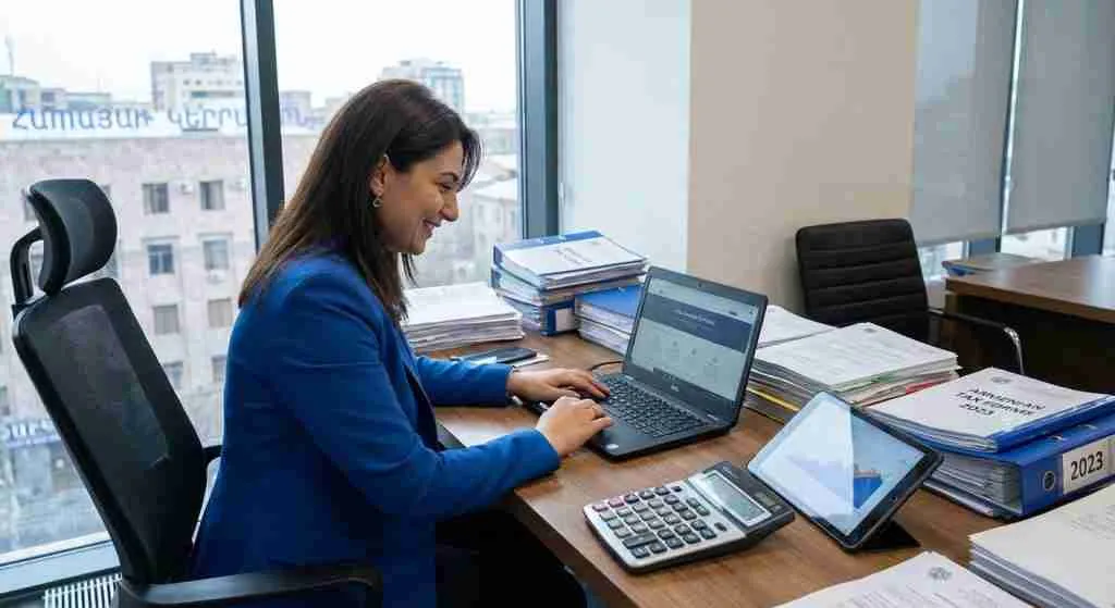 A workspace with tax documents, a laptop with a tax portal, and a calculator.