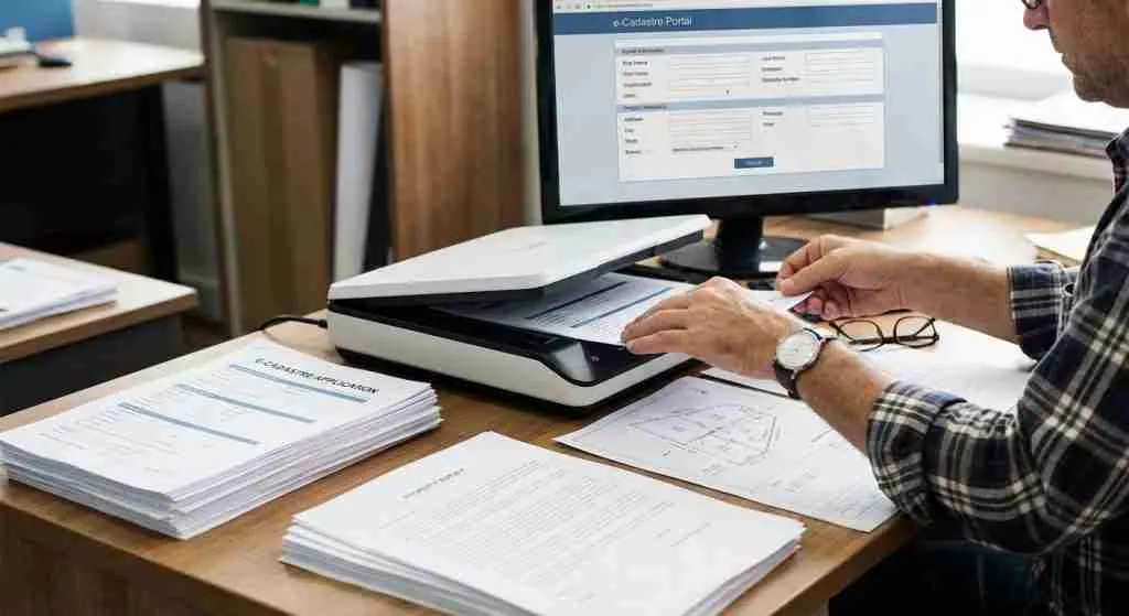 A person using a document scanner with clear property documents arranged on a desk.