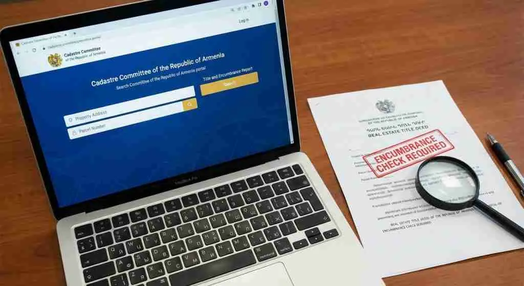 Close-up of real estate documents and a computer screen displaying the Cadastre website.