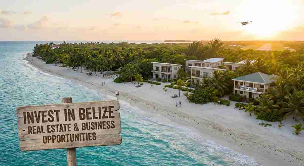 Scenic view of Belize's coastline with clear waters and lush greenery