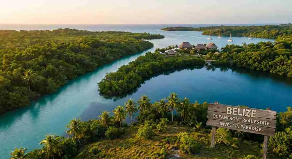 Lush green landscape with clear blue waters in Belize, symbolizing investment potential.