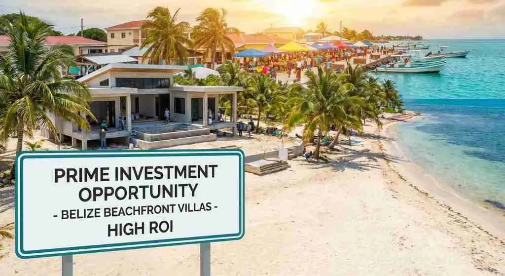 Een pittoresk pand aan het strand van Belize met bouwmachines en weelderig groen.