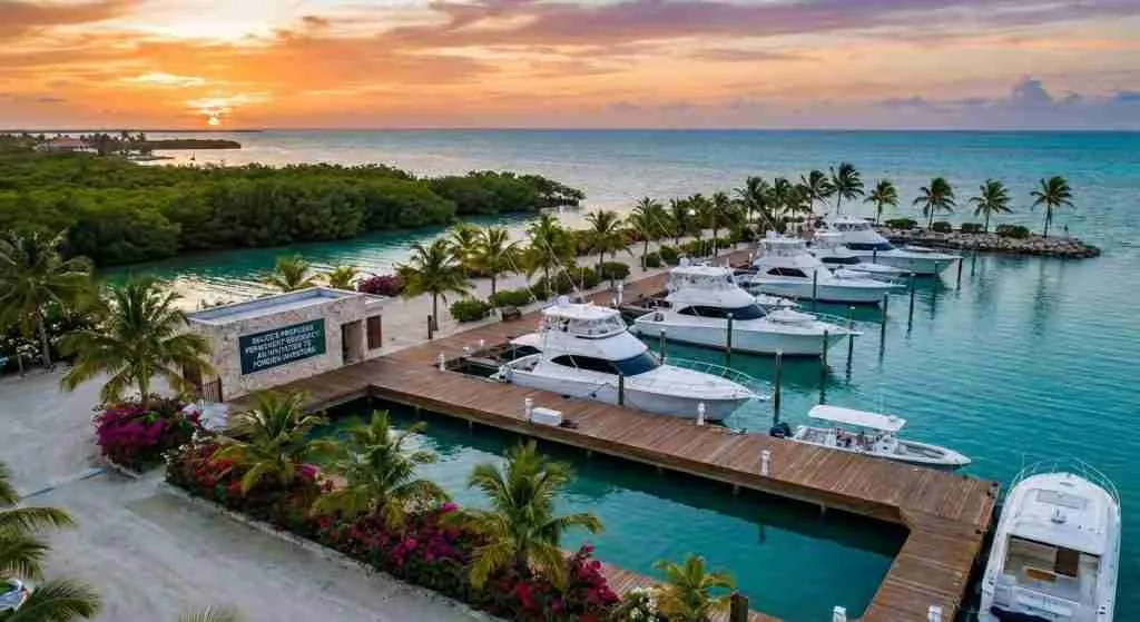 Inviting Belizean marina with luxury yachts and tropical scenery.