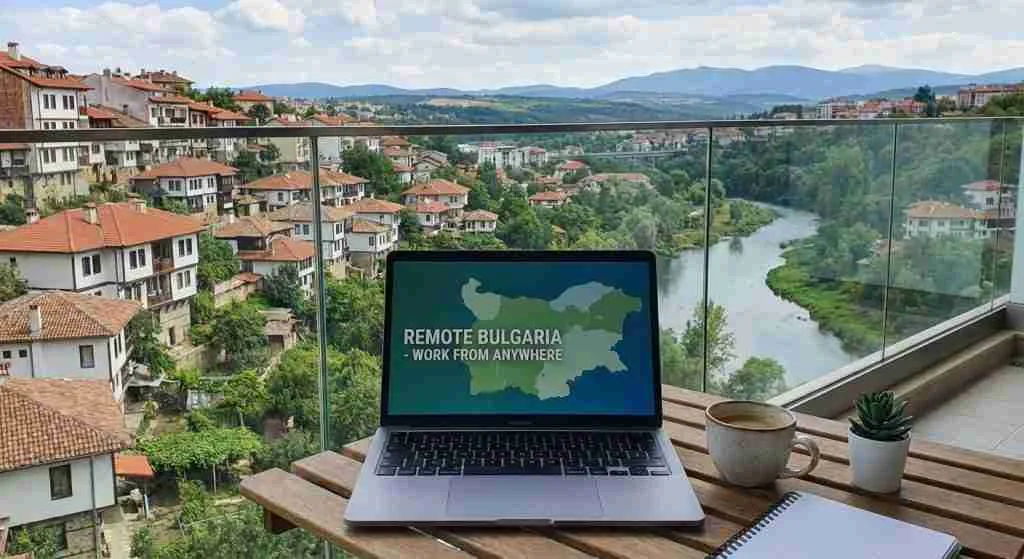 A laptop and coffee cup on a balcony with a view of a city in Bulgaria, representing remote work.