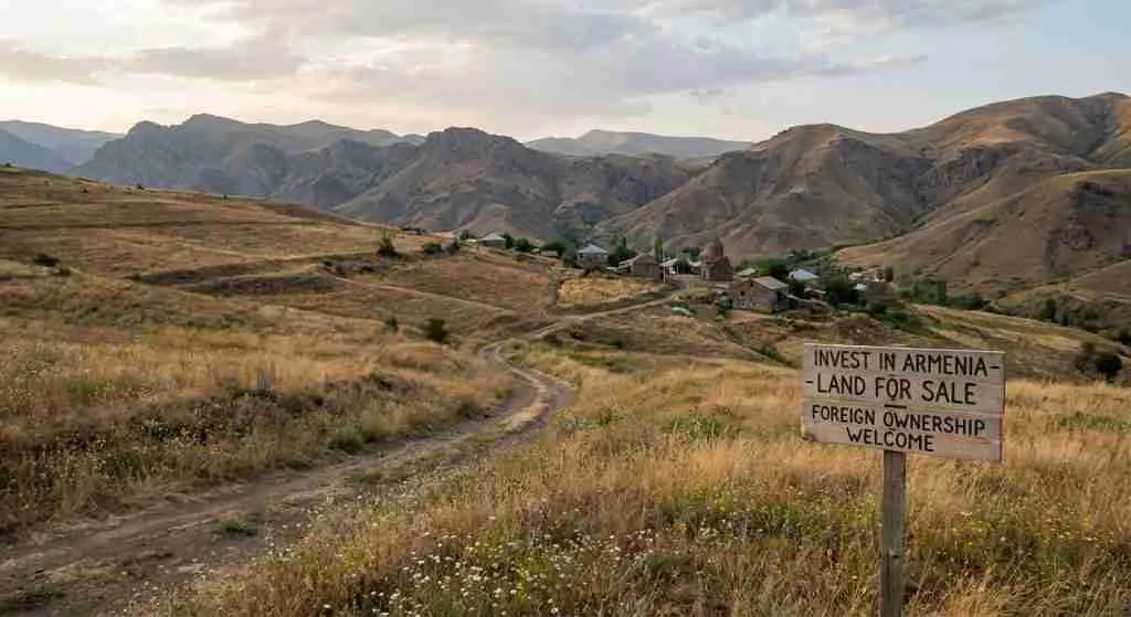 Живописный вид на сельскую местность Армении, с холмами и небольшой деревней.