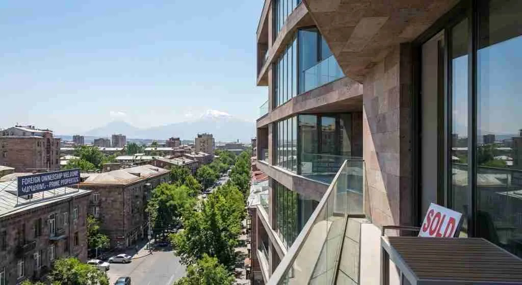 A contemporary apartment with a view of Mount Ararat in the background, surrounded by greenery.