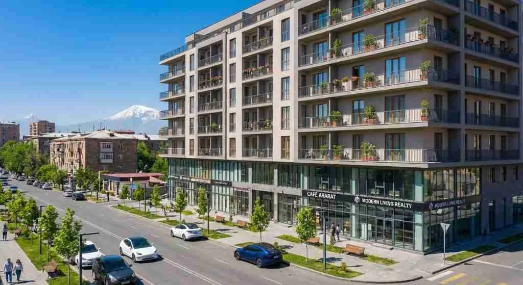 Modern apartment building in Yerevan, Armenia, lined with trees and clear sky.