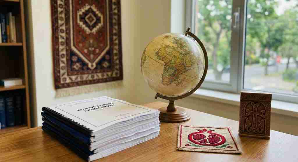 مكتب منظم بشكل جيد ويحتوي على مستندات قانونية وكرة أرضية تعكس موضوعات قانون الاستثمار.