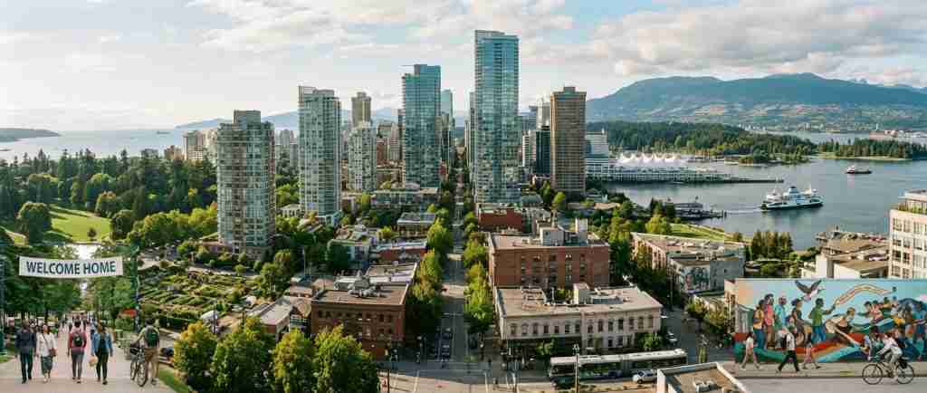 一座充满活力的加拿大城市,拥有现代化的建筑、公园,以及形形色色的人们从事着各种日常活动。