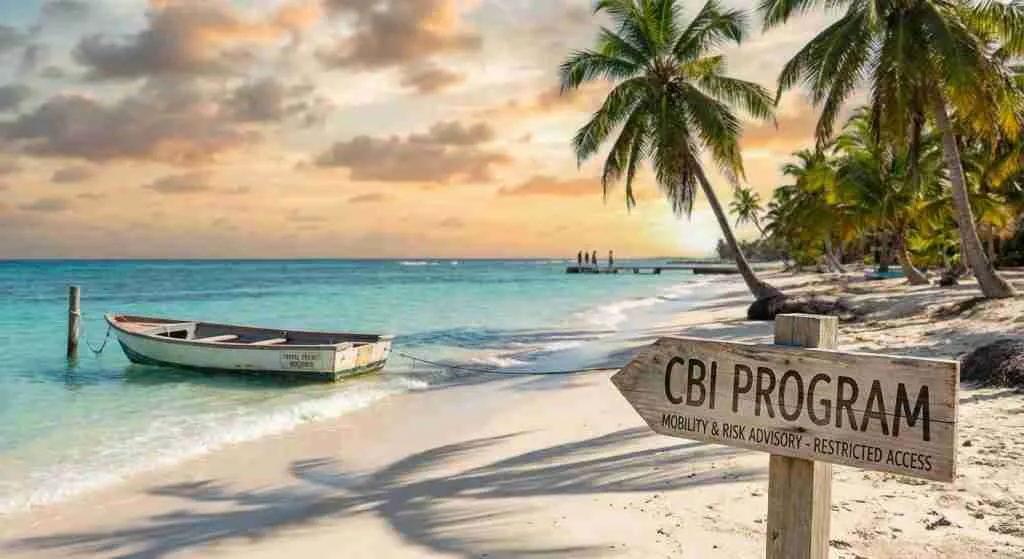 مشهد شاطئي هادئ في منطقة البحر الكاريبي، تتخلله أشجار النخيل ومياه هادئة تحت سماء صافية.