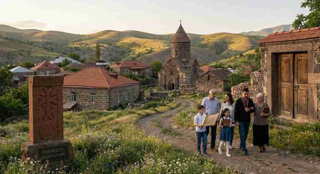 Un tranquilo pueblo armenio con casas tradicionales y pintorescas colinas al fondo.