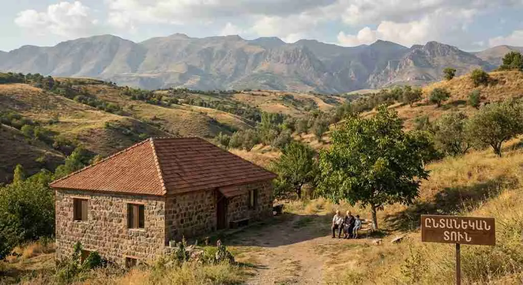 Scenic Armenian landscape with a traditional house and rolling hills.