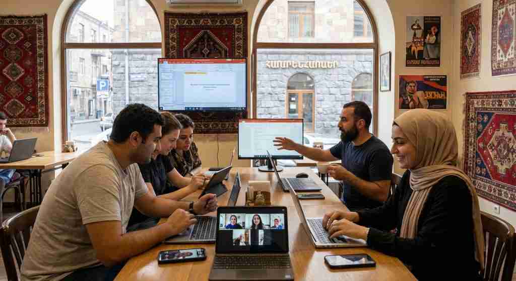 Remote workers in an Armenian café collaborating on laptops, showcasing modern workspaces and cultural ambiance.