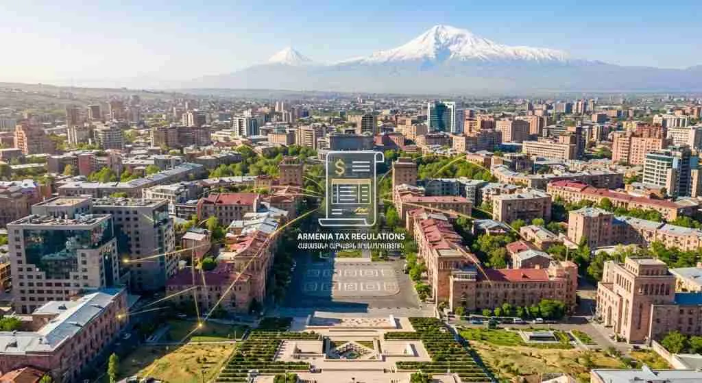Yerevan cityscape with buildings and Mount Ararat in the background.