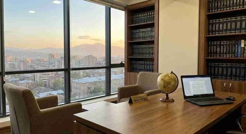 Ein Rechtsberatungsbüro mit armenischen Gesetzbüchern und einem Globus auf dem Schreibtisch.