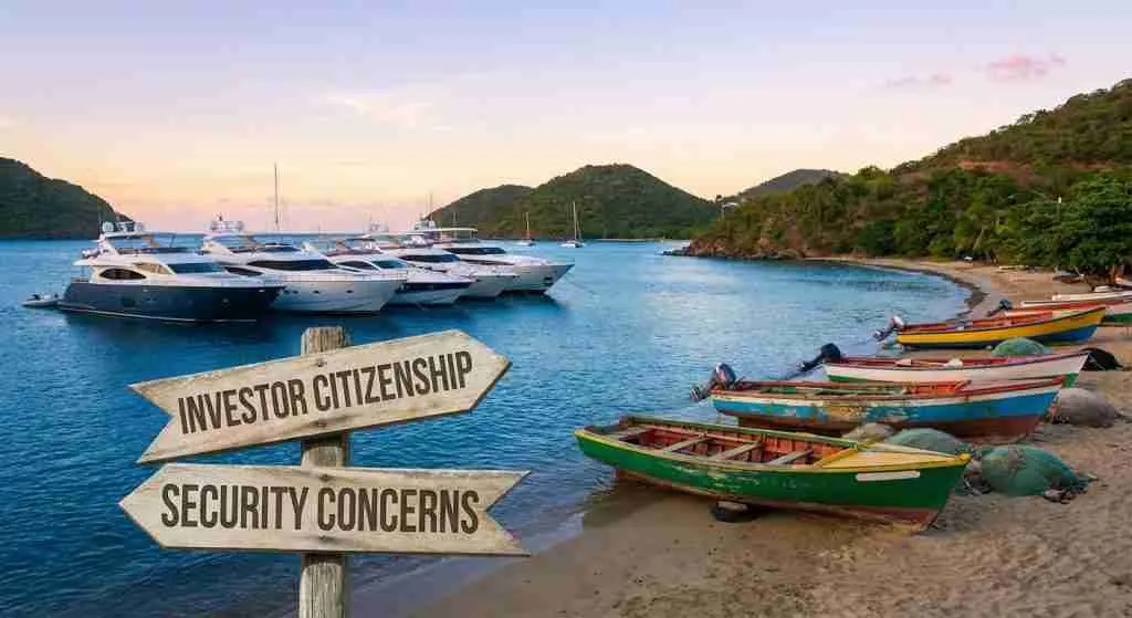 Coastal view of the Caribbean, featuring yachts and fishing boats, reflecting economic contrasts.