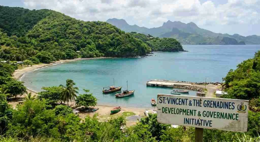 Coastal scenery of St. Vincent featuring greenery and mountains.