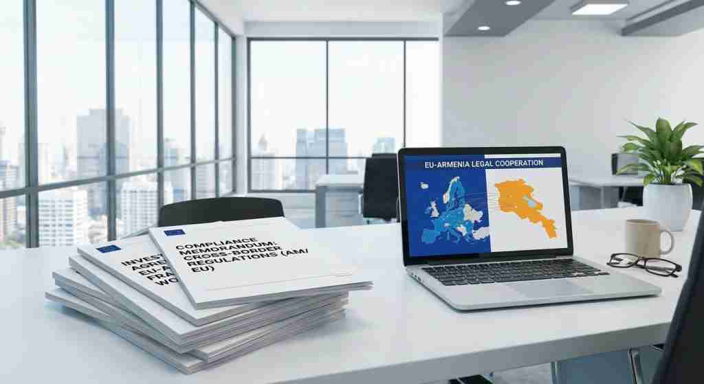 A conference table with legal documents and a laptop showing EU maps.