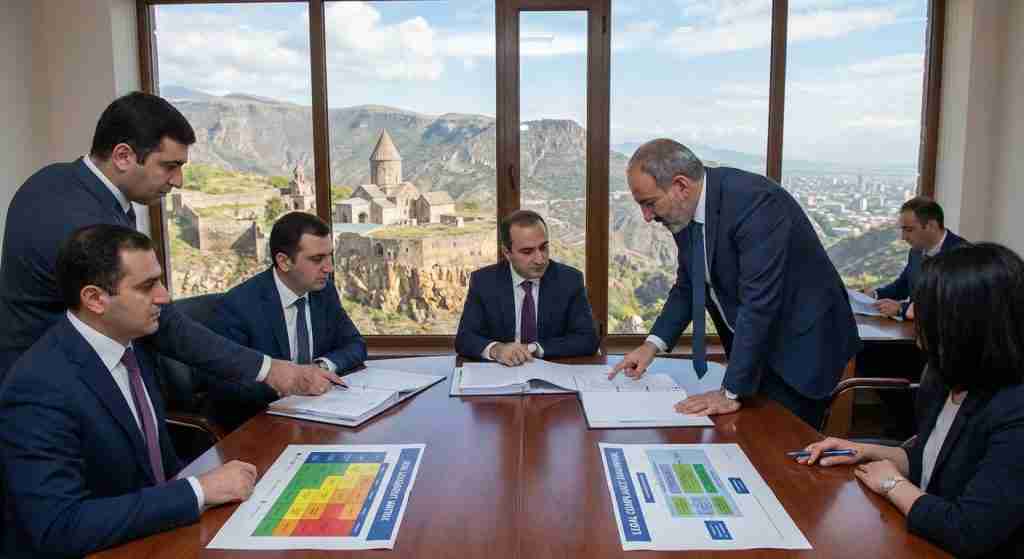 Professionals engaged in a strategic meeting with documents, set against an Armenian backdrop.