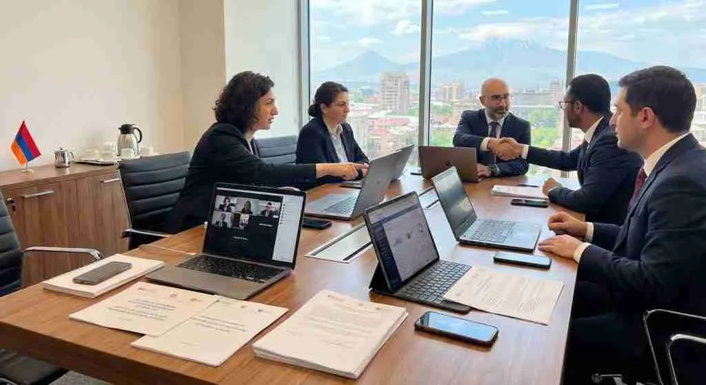 An office setting with a conference table, laptops, and documents, representing business collaboration.