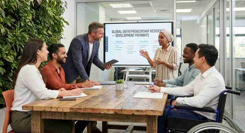 Verschiedene Fachleute treffen sich zu einem Meeting, in dem Innovation und Geschäftsaktivitäten im Mittelpunkt stehen.