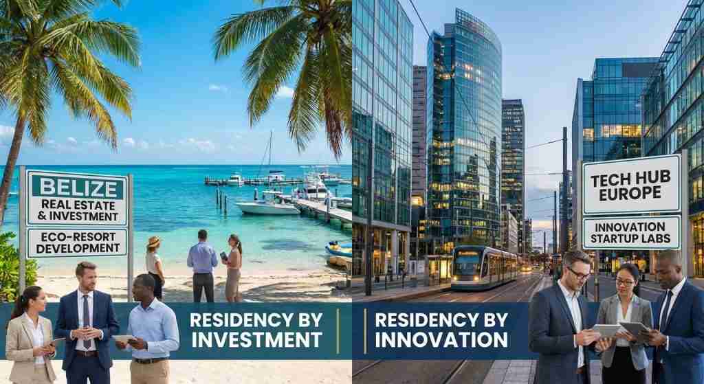 A scenic view of Belize’s tropical landscape juxtaposed with a modern European city skyline, representing investor residency pathways.